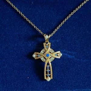 Jackie Kennedy Reproduction Blue and Gold Antique Cross Necklace